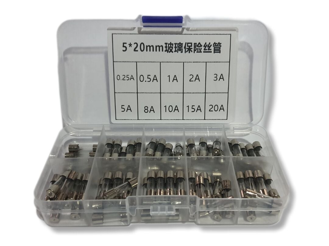 5*20 Cam Sigorta Seti Kutulu 10 Çeşit (250mA-20A) Toplam 100 Adet (250V)